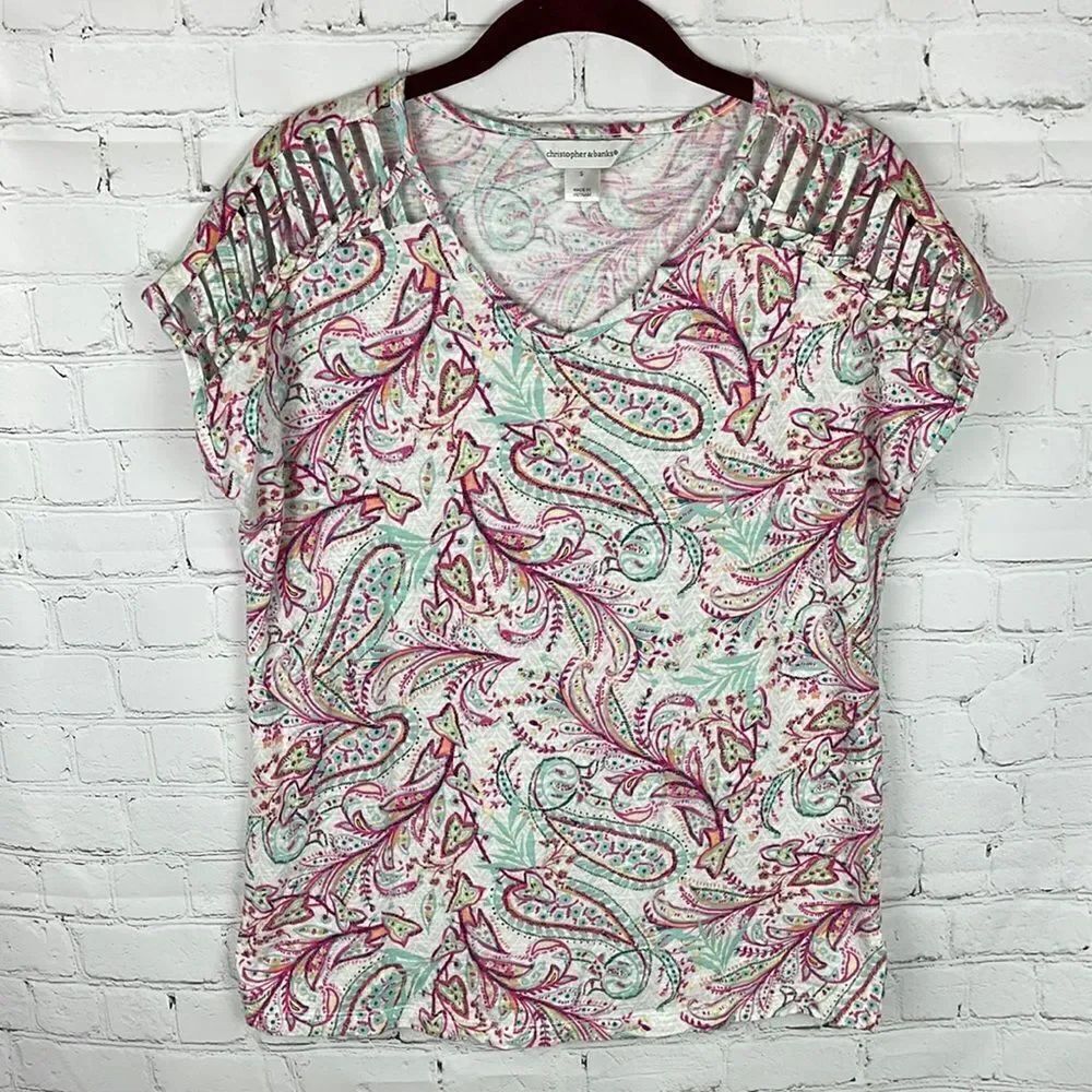 Christopher & Banks Paisley Tee with Shoulder Cutours Size Small